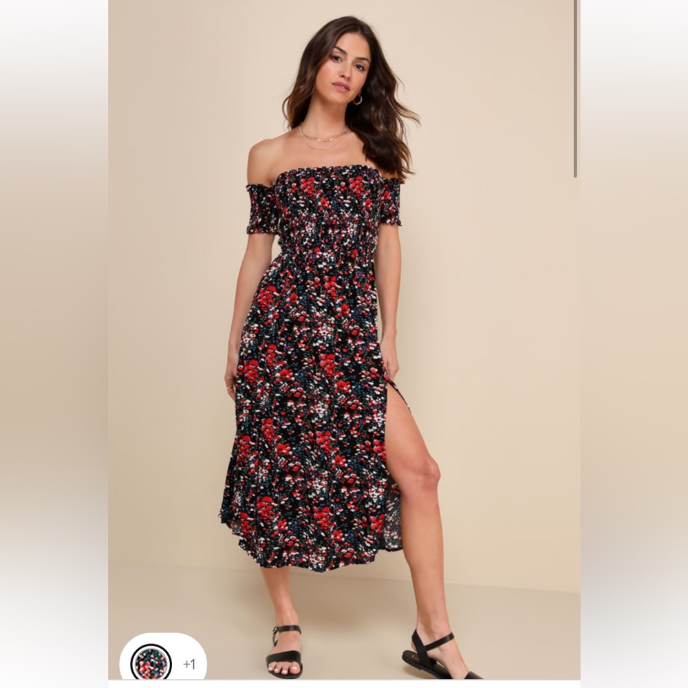 View from the Meadow Black Floral Print Off-the-Shoulder Dress